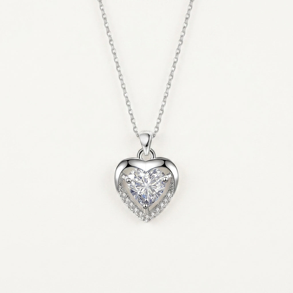 925 Sterling Silver Heart Necklace with White Crystal Cubic Zirconia
