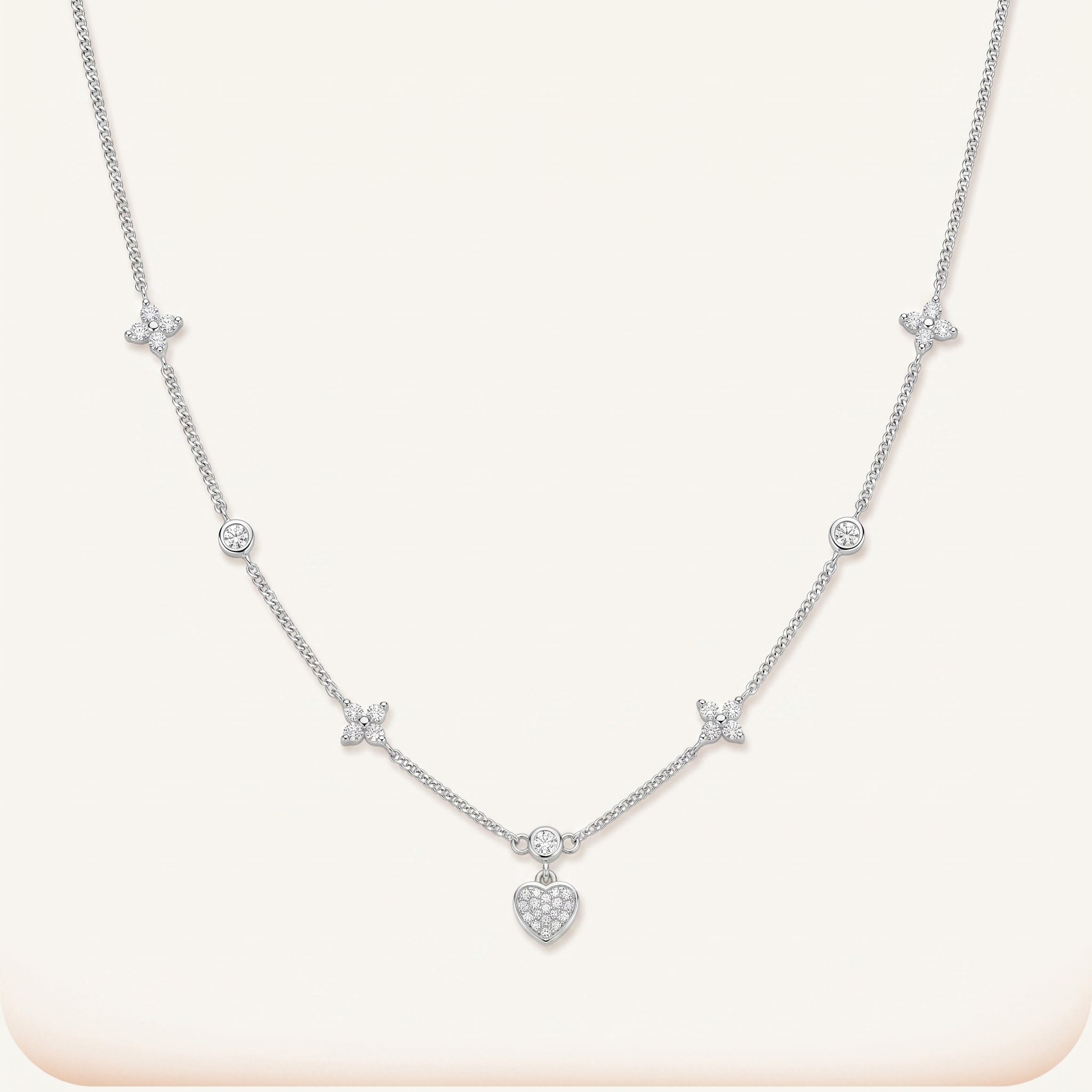 Silver Plated Heart and Four Leaf Clover Necklace with 5A Cubic Zirconia - Silver