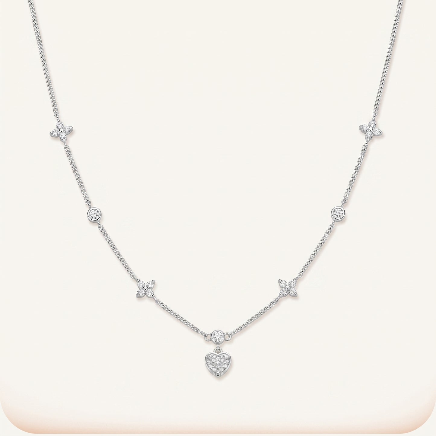 Silver Plated Heart and Four Leaf Clover Necklace with 5A Cubic Zirconia - Silver