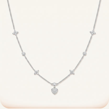 Silver Plated Heart and Four Leaf Clover Necklace with 5A Cubic Zirconia - Silver