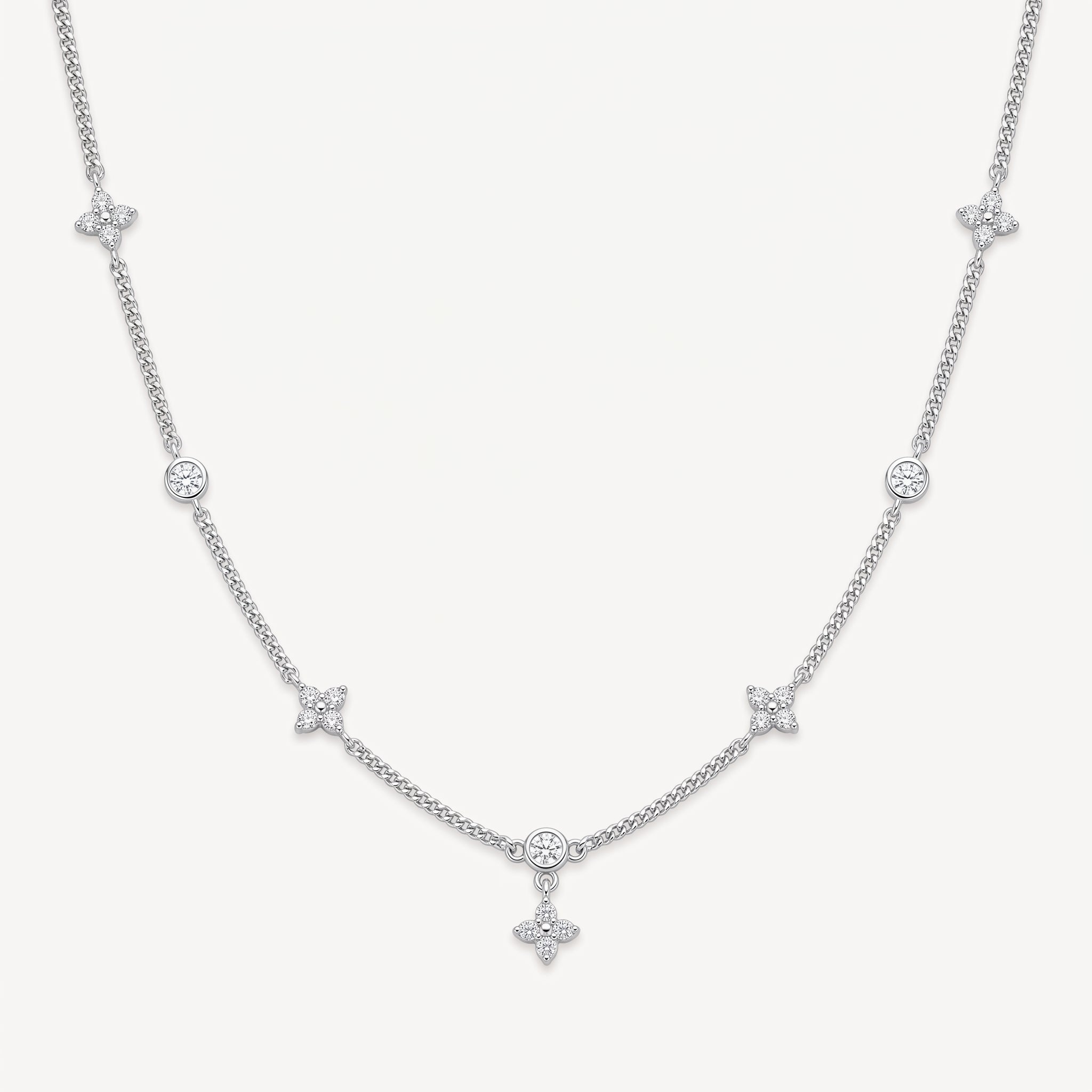 Silver Plated Four Leaf Clover and Heart Necklace with 5A Cubic Zirconia - Silver