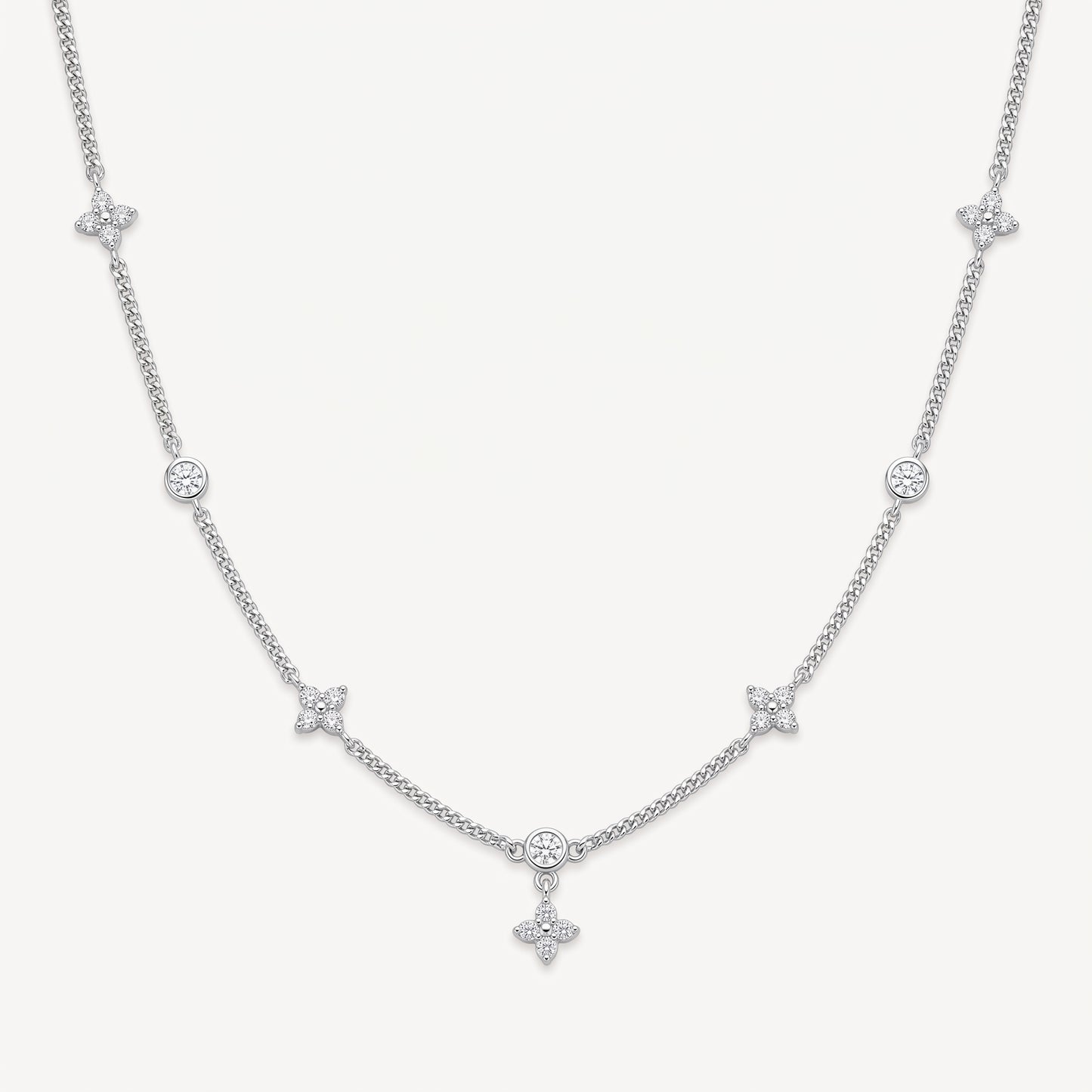 Silver Plated Four Leaf Clover and Heart Necklace with 5A Cubic Zirconia - Silver
