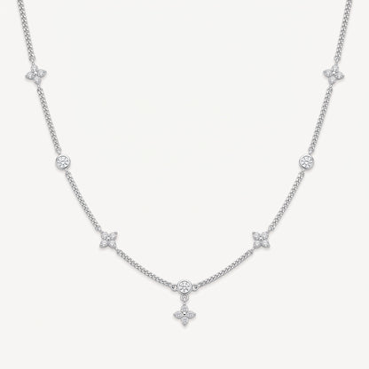 Silver Plated Four Leaf Clover and Heart Necklace with 5A Cubic Zirconia - Silver