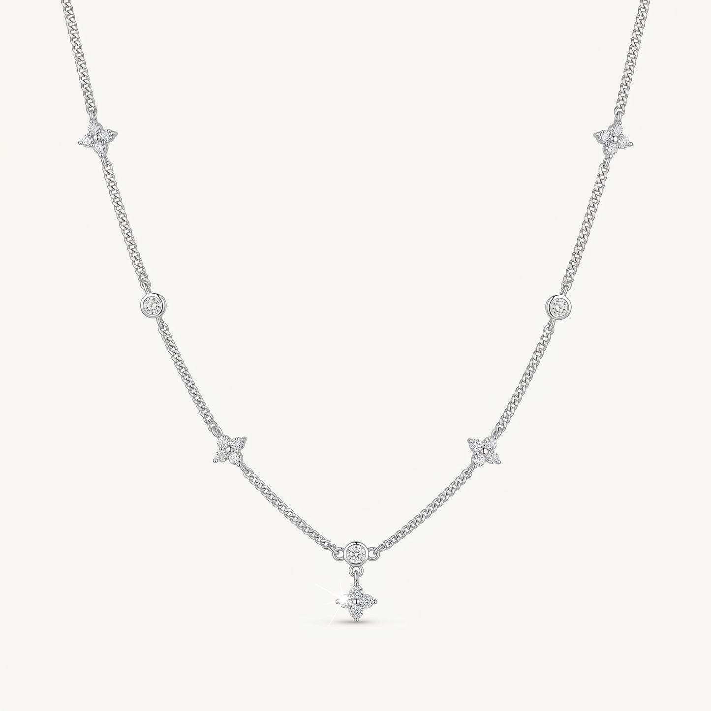 Silver Plated Four Leaf Clover and Heart Necklace with 5A Cubic Zirconia - Silver