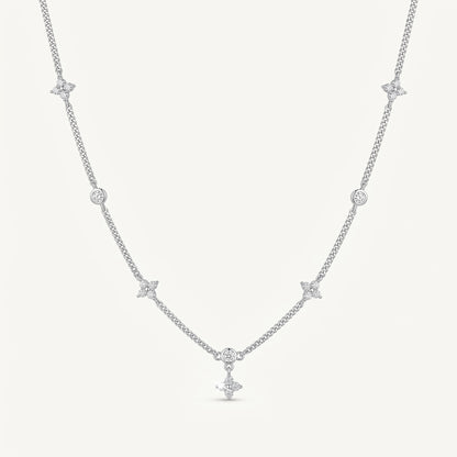Silver Plated Four Leaf Clover and Heart Necklace with 5A Cubic Zirconia - Silver