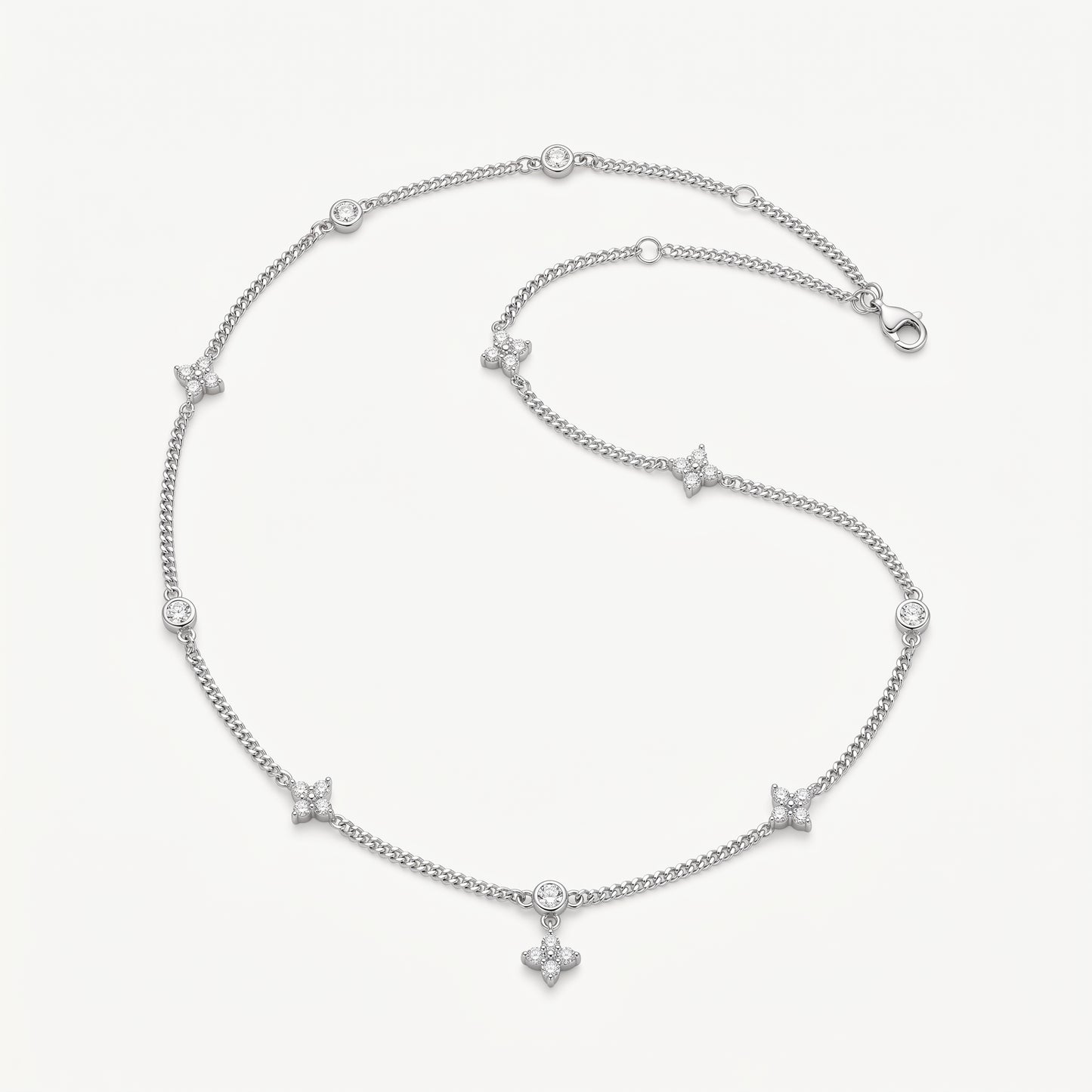 Silver Plated Four Leaf Clover and Heart Necklace with 5A Cubic Zirconia - Silver