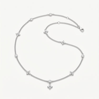 Silver Plated Four Leaf Clover and Heart Necklace with 5A Cubic Zirconia - Silver