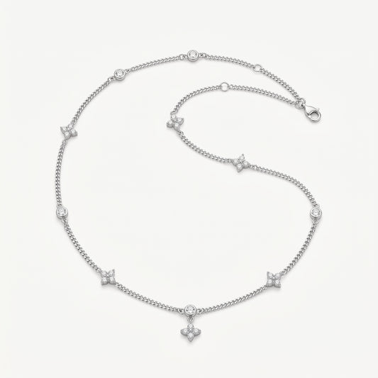 Silver Plated Four Leaf Clover and Heart Necklace with 5A Cubic Zirconia - Silver