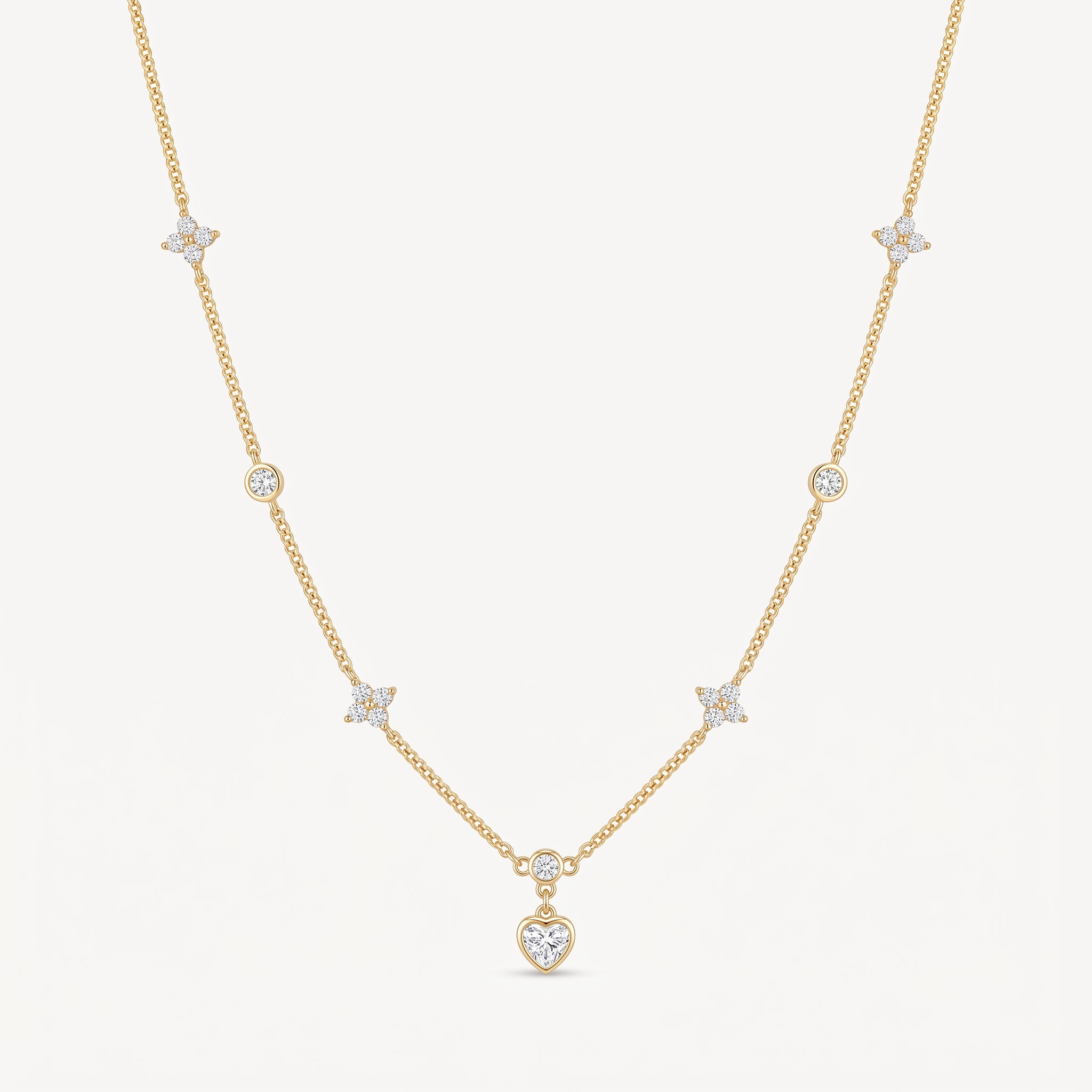 14K Gold Plated Heart and Four Leaf Clover Necklace with 5A Cubic Zirconia - Gold