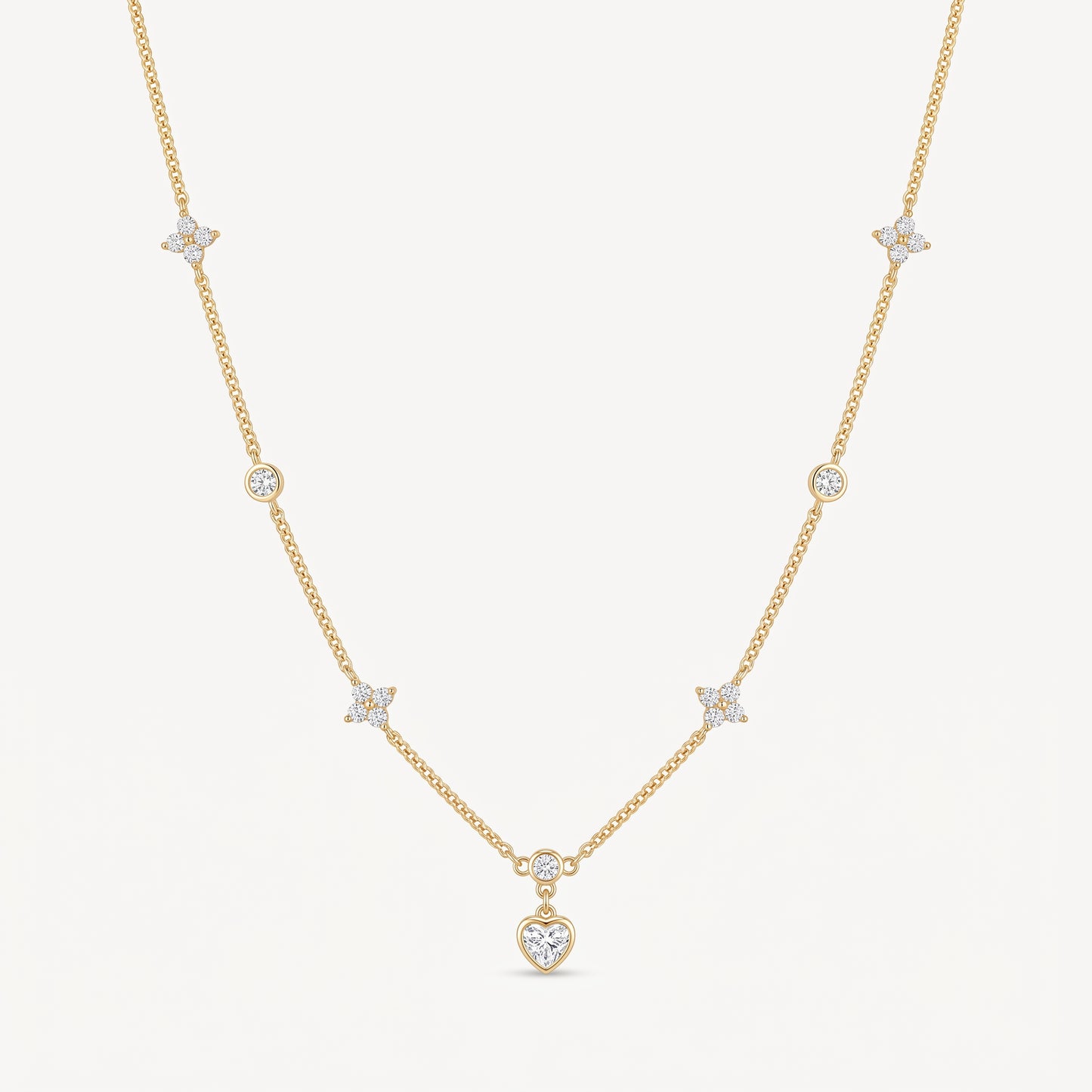 14K Gold Plated Heart and Four Leaf Clover Necklace with 5A Cubic Zirconia - Gold