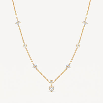 14K Gold Plated Heart and Four Leaf Clover Necklace with 5A Cubic Zirconia - Gold