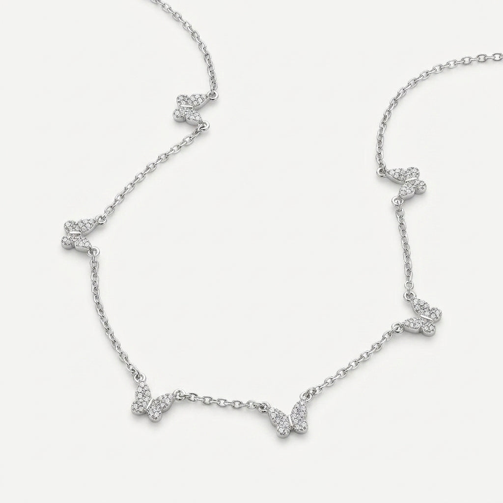 925 Sterling Silver Butterfly Necklace with Cubic Zirconia - Silver