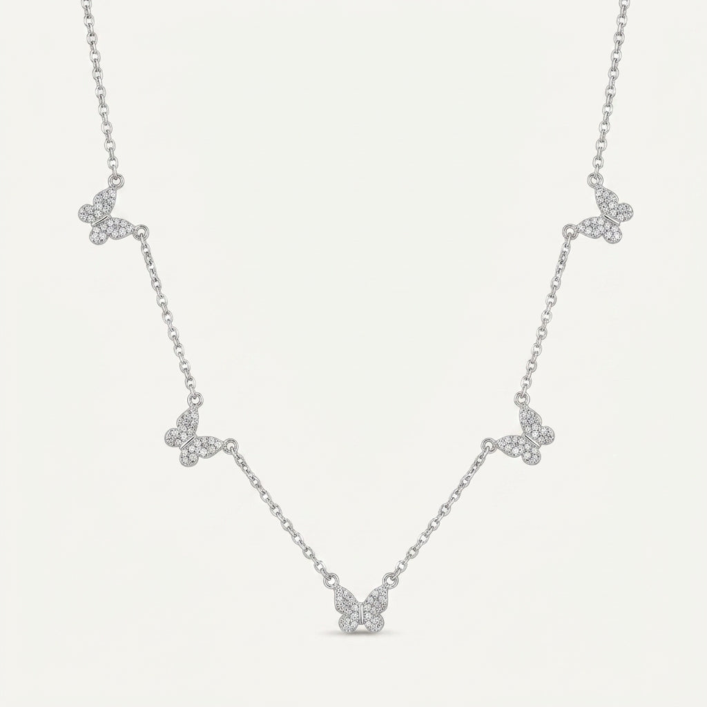 925 Sterling Silver Butterfly Necklace with Cubic Zirconia - Silver