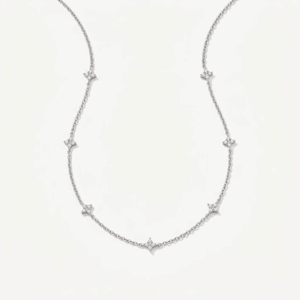 925 Sterling Silver Four Leaf Clover Necklace with Cubic Zirconia - Silver