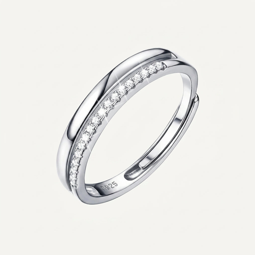 925 Sterling Silver Adjustable Double Layer Band Ring with Cubic Zirconia - Silver