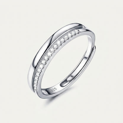 925 Sterling Silver Adjustable Double Layer Band Ring with Cubic Zirconia - Silver