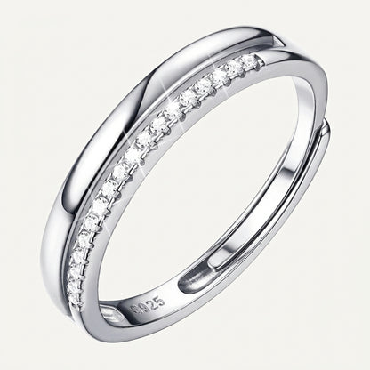 925 Sterling Silver Adjustable Double Layer Band Ring with Cubic Zirconia - Silver