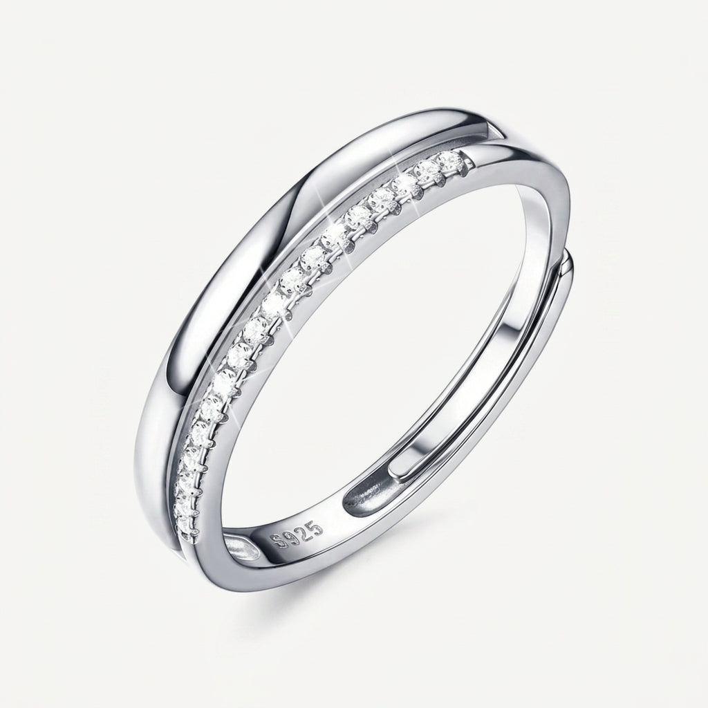 925 Sterling Silver Adjustable Double Layer Band Ring with Cubic Zirconia - Silver