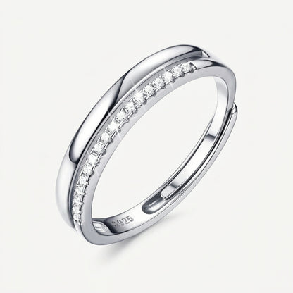 925 Sterling Silver Adjustable Double Layer Band Ring with Cubic Zirconia - Silver