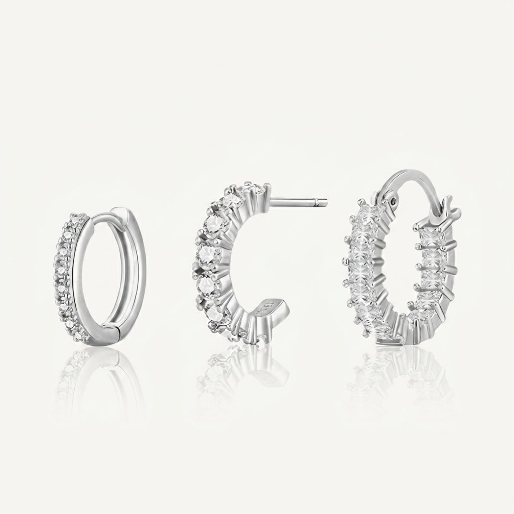 925 Sterling Silver CZ Huggie Hoop Earrings Set of 3 Pairs - Silver