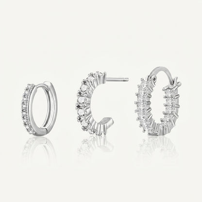 925 Sterling Silver CZ Huggie Hoop Earrings Set of 3 Pairs - Silver