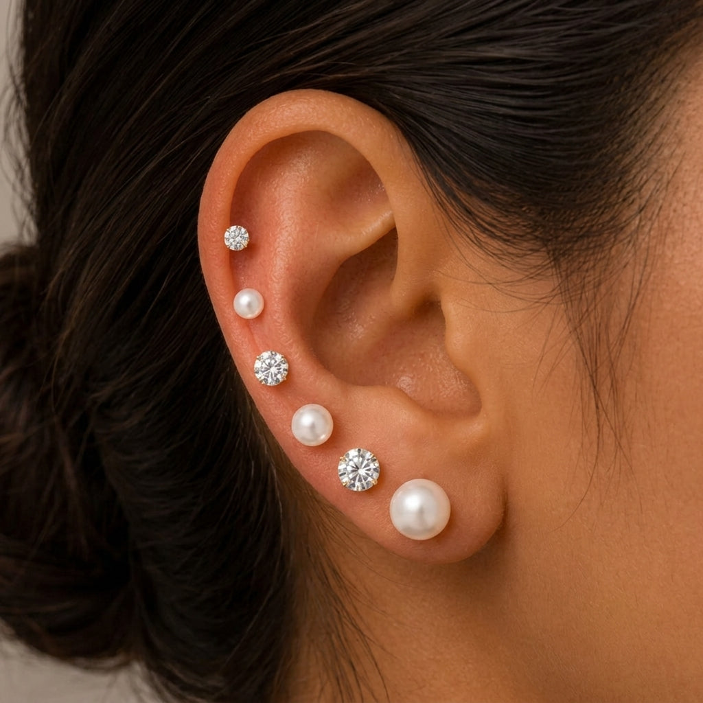 925 Sterling Silver Pearl and CZ Stud Earrings Set of 6 Pairs - Silver