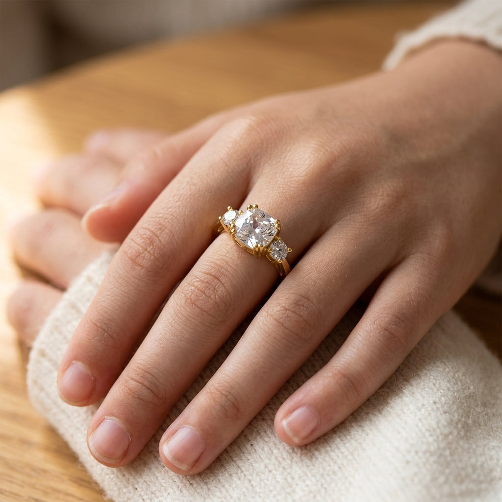 18k Gold Plated Three Stone Adjustable Ring with Zircondia Crystals