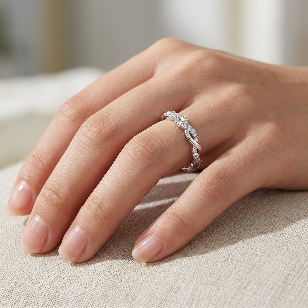 925 Sterling Silver Adjustable Crossover Eternity Ring with Cubic Zirconia - Silver