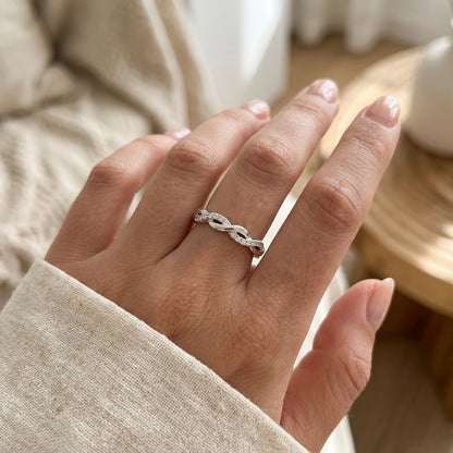 925 Sterling Silver Adjustable Crossover Eternity Ring with Cubic Zirconia - Silver