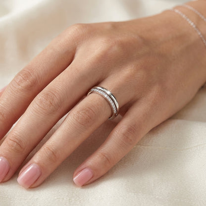 925 Sterling Silver Adjustable Double Layer Band Ring with Cubic Zirconia - Silver