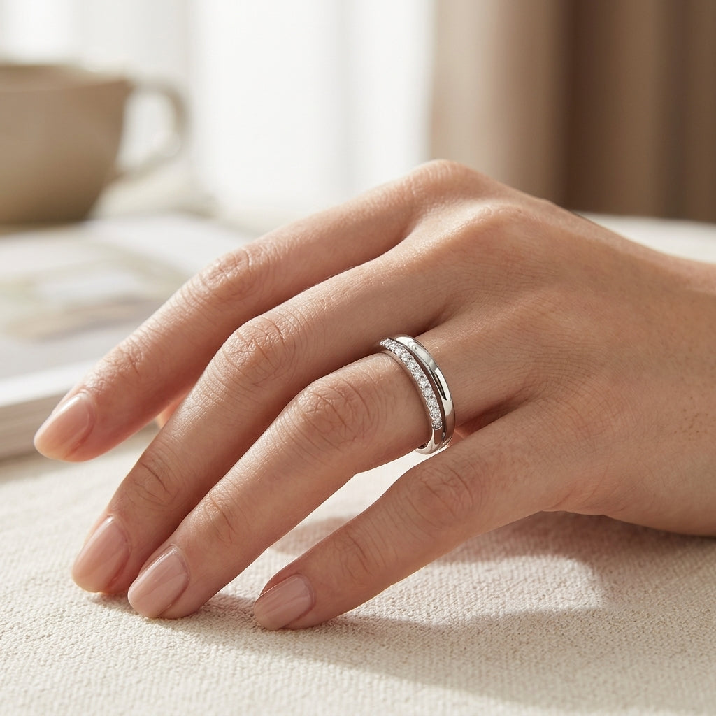 925 Sterling Silver Adjustable Double Layer Band Ring with Cubic Zirconia - Silver