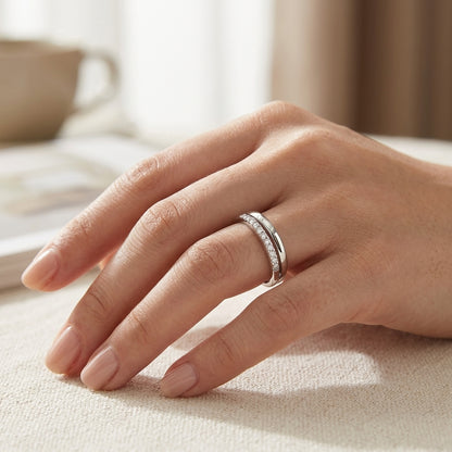 925 Sterling Silver Adjustable Double Layer Band Ring with Cubic Zirconia - Silver