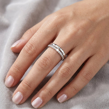925 Sterling Silver Adjustable Double Layer Band Ring with Cubic Zirconia - Silver