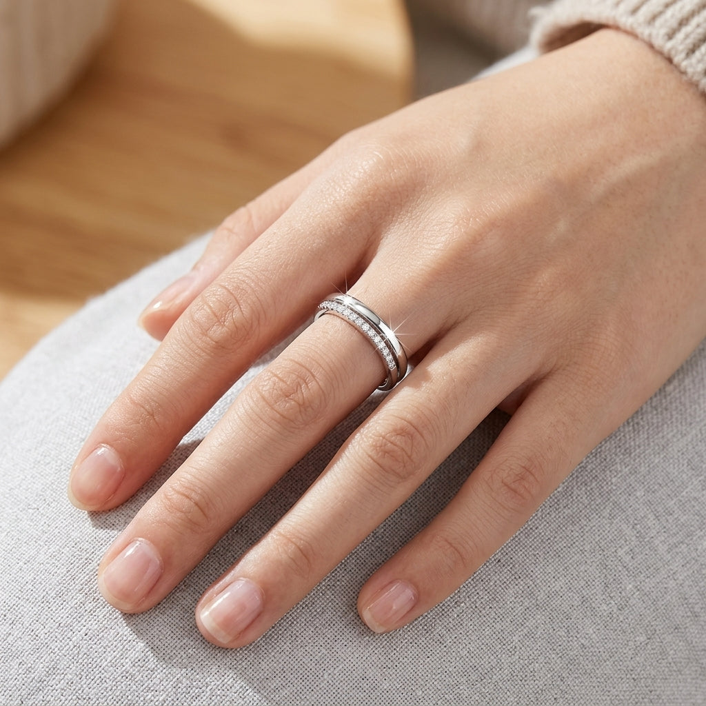 925 Sterling Silver Adjustable Double Layer Band Ring with Cubic Zirconia - Silver