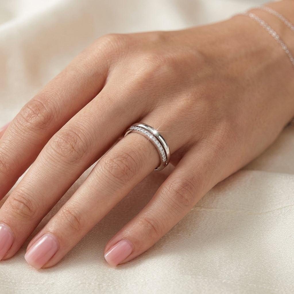 925 Sterling Silver Adjustable Double Layer Band Ring with Cubic Zirconia - Silver