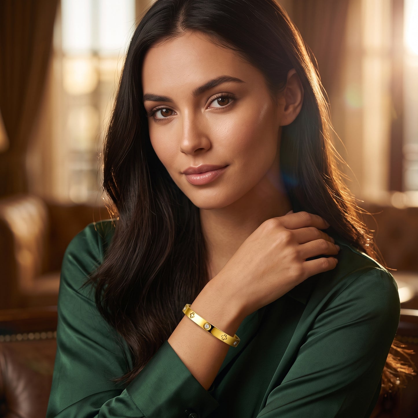18K Gold Plated Stainless Steel Engraved CZ Bangle Bracelet - Gold
