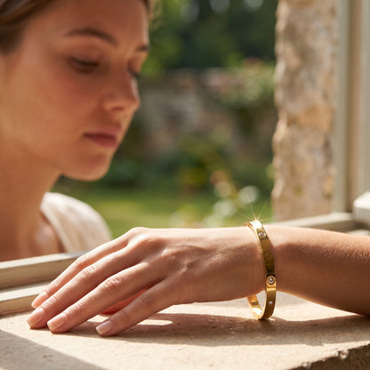 18K Gold Plated Stainless Steel Engraved CZ Bangle Bracelet - Gold
