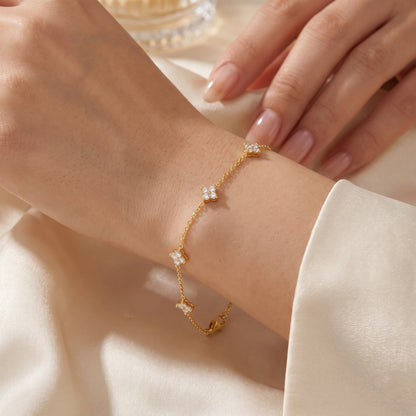 925 Sterling Silver Clover Charm Bracelet with Cubic Zirconia - Gold
