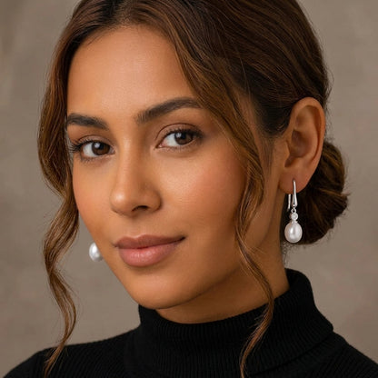 Sterling Silver White Shell Pearl Drop Earrings with Zircondia Crystals
