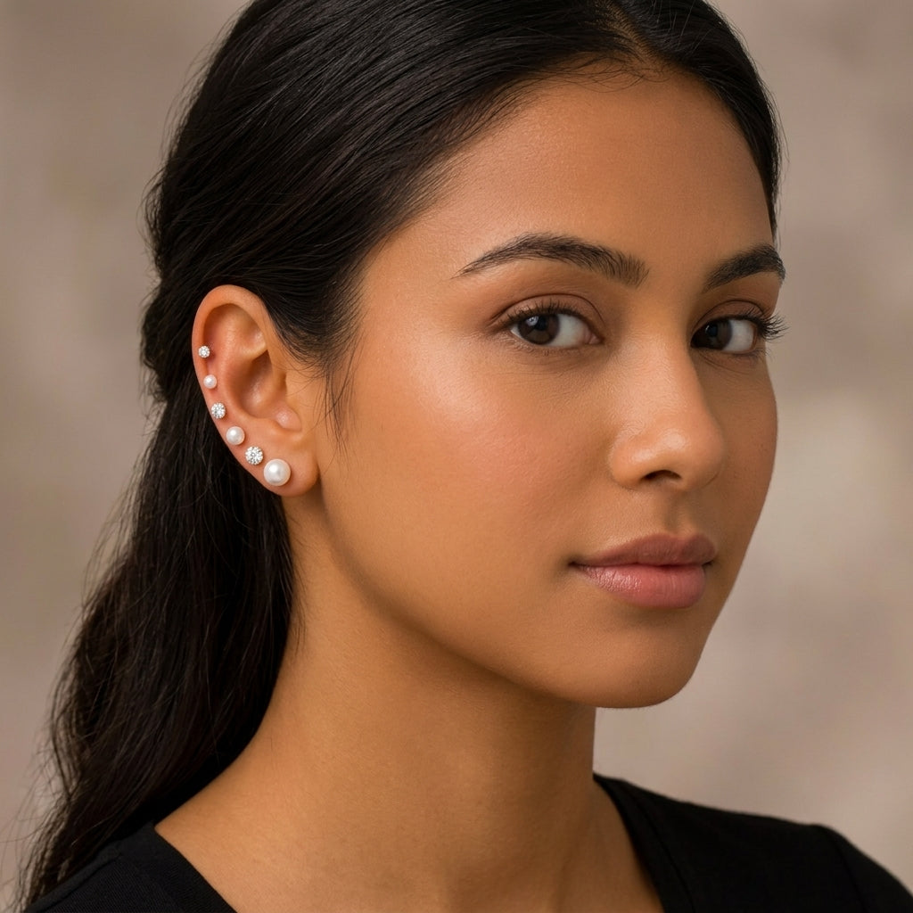 925 Sterling Silver Pearl and CZ Stud Earrings Set of 6 Pairs - Silver