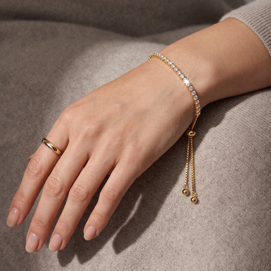 18K Gold Plated 2mm Adjustable Tennis Bracelet with Zircondia Crystals