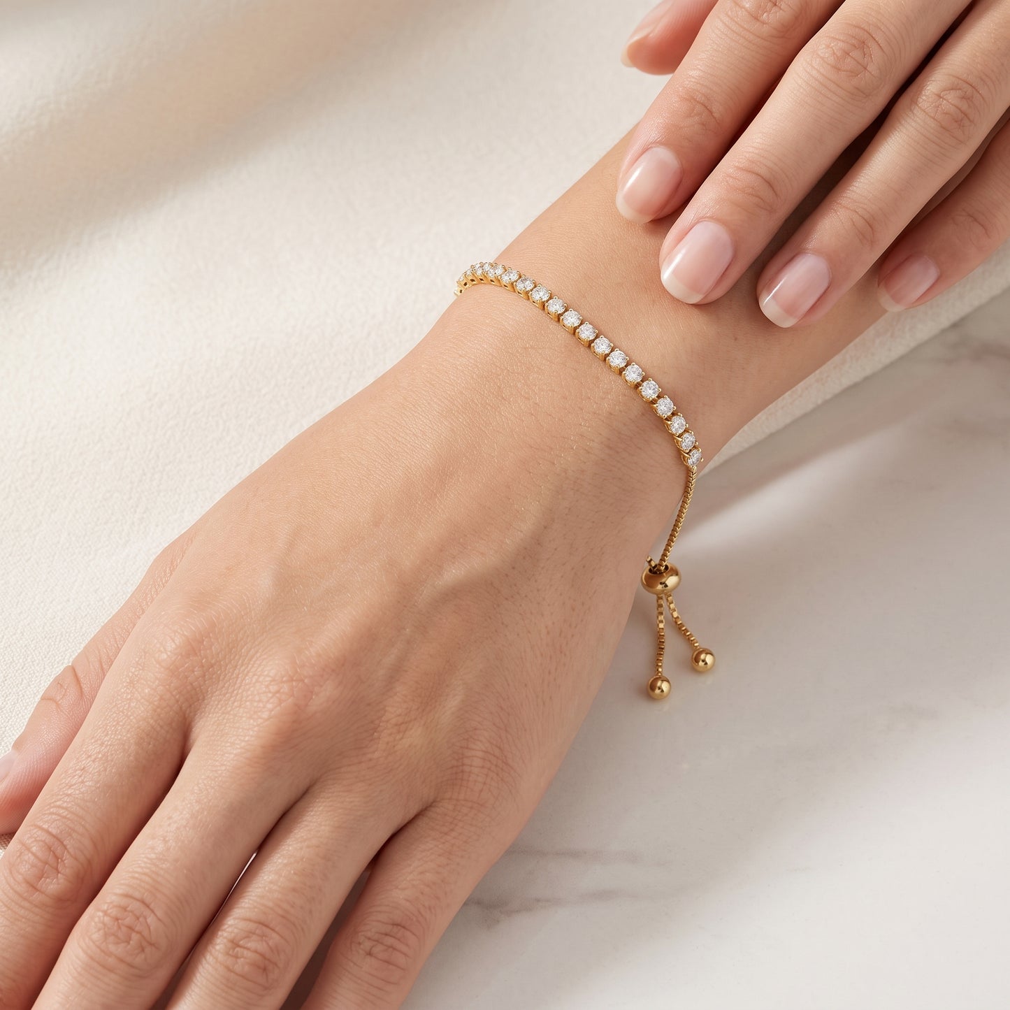 18K Gold Plated 2mm Adjustable Tennis Bracelet with Zircondia Crystals