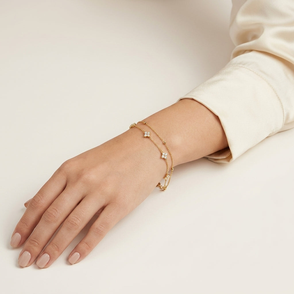 14K Gold Plated Double Layer Round Cubic Zirconia Bracelet - Gold