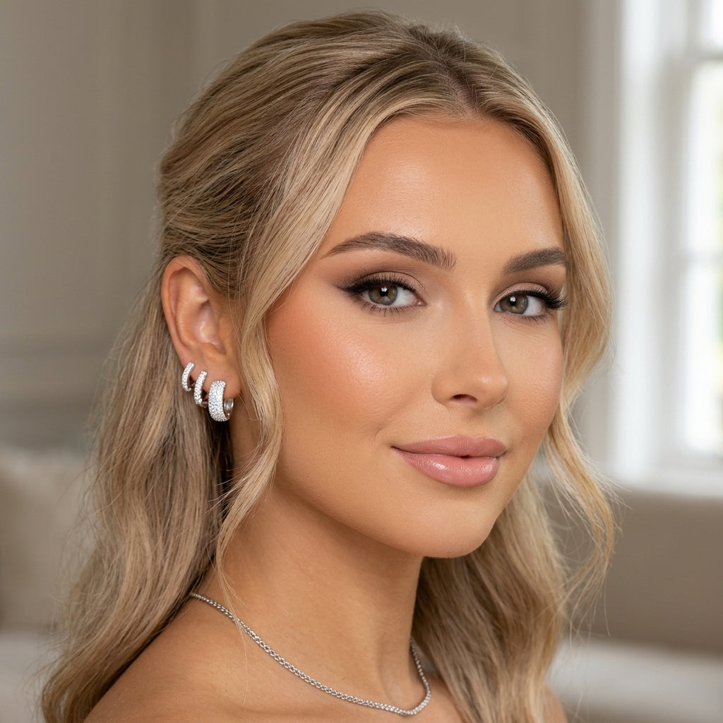 925 Sterling Silver Chunky CZ Huggie Hoop Earrings Set of 3 Pairs - Silver