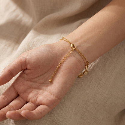 14K Gold Plated Double Layer Round Cubic Zirconia Bracelet - Gold