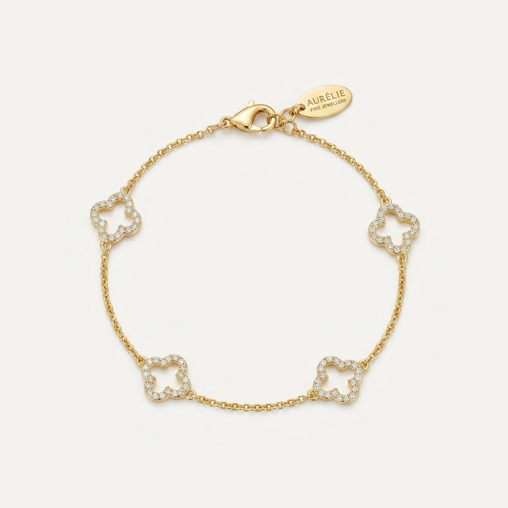 18K Gold Plated Clover Bracelet with Zircondia Crystals
