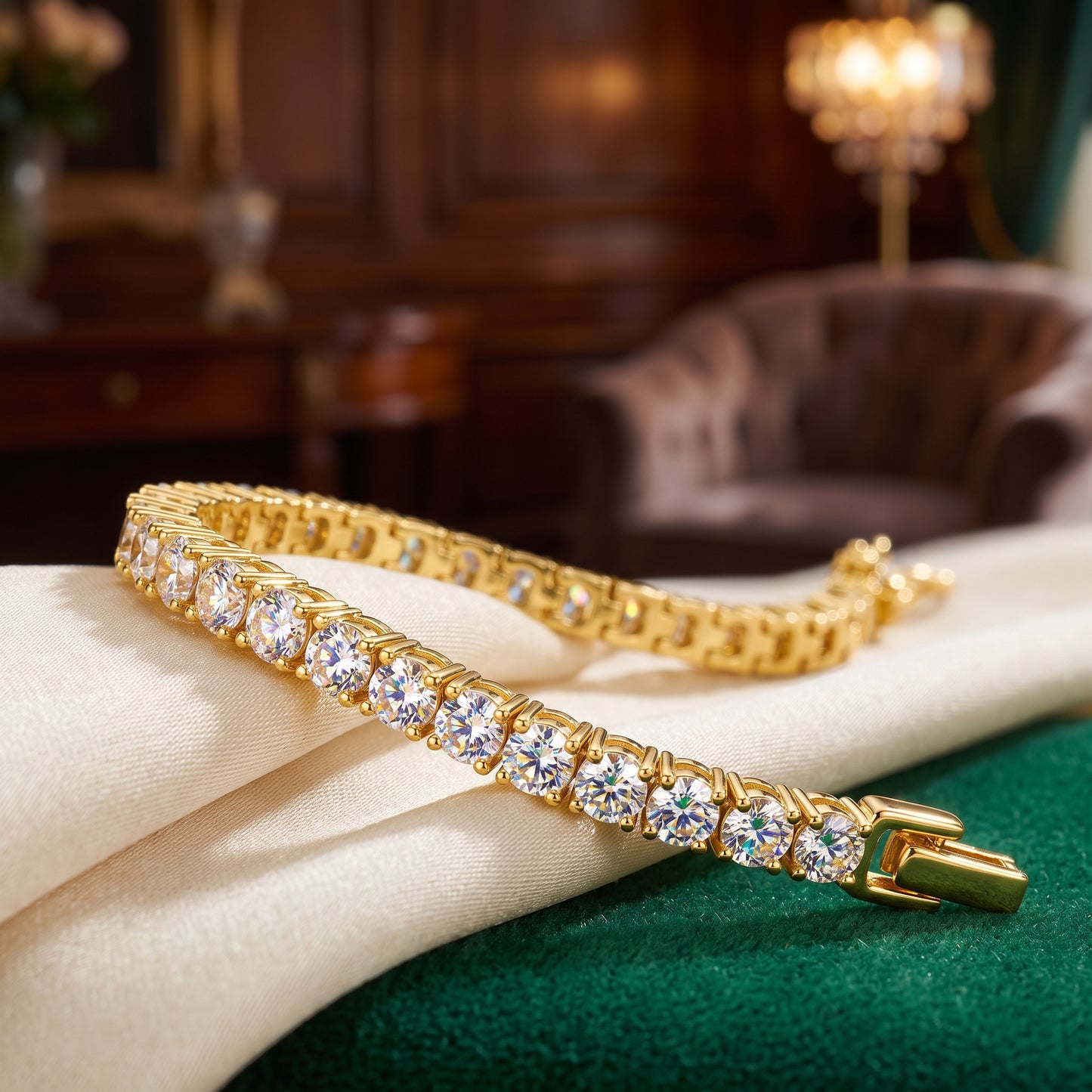 14K Gold Plated Tennis Bracelet with Square Cut Cubic Zirconia - Gold