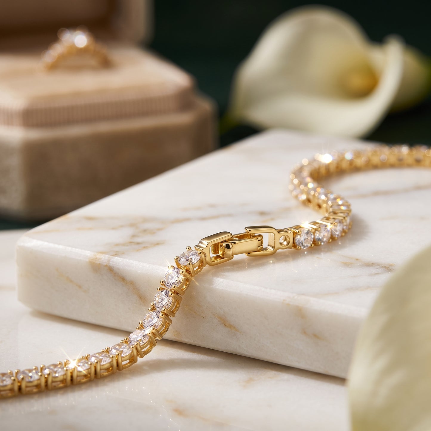 14K Gold Plated Tennis Bracelet with Square Cut Cubic Zirconia - Gold