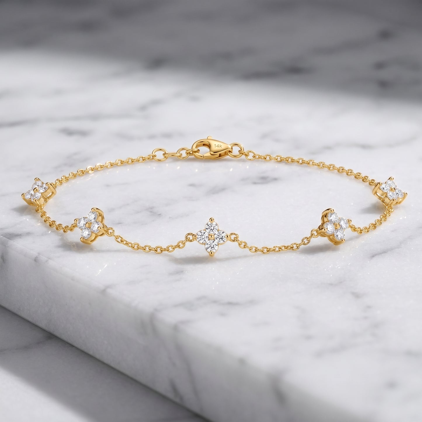 925 Sterling Silver Clover Charm Bracelet with Cubic Zirconia - Gold