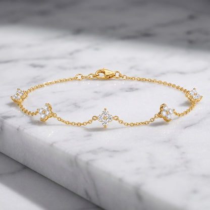 925 Sterling Silver Clover Charm Bracelet with Cubic Zirconia - Gold